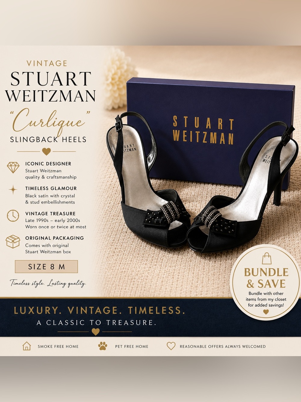 Vintage Stuart Weitzman “Curlique” Black Peep-Toe Slingbacks w/Crystal Accents